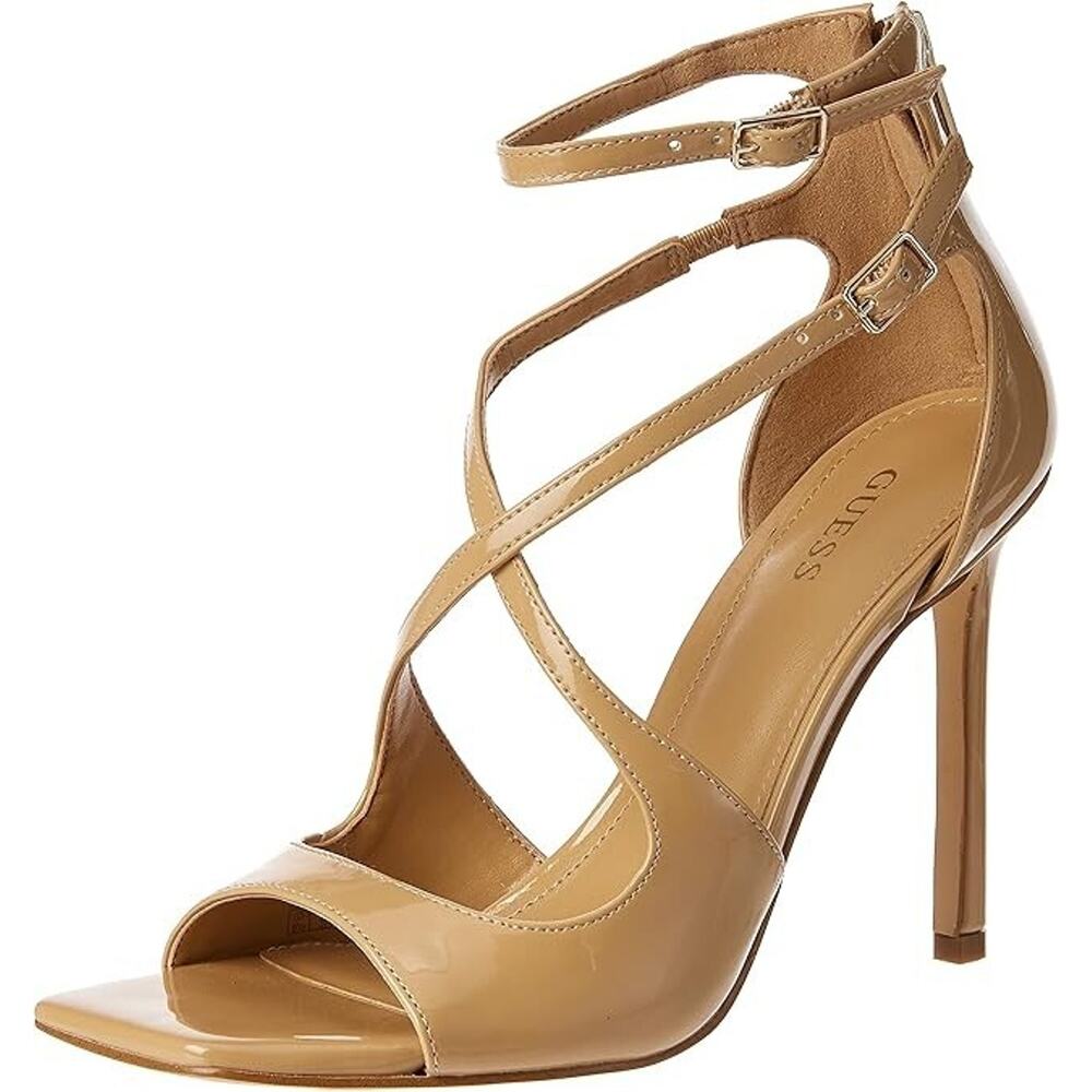 GUESS Women's Sella Cross Strap Single Sole Heels, Natural Size 9.5M